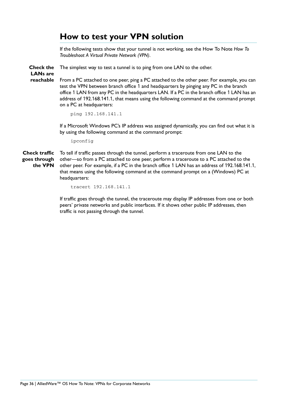 How to test your vpn solution | Allied Telesis AlliedWare AR440S User Manual | Page 36 / 53