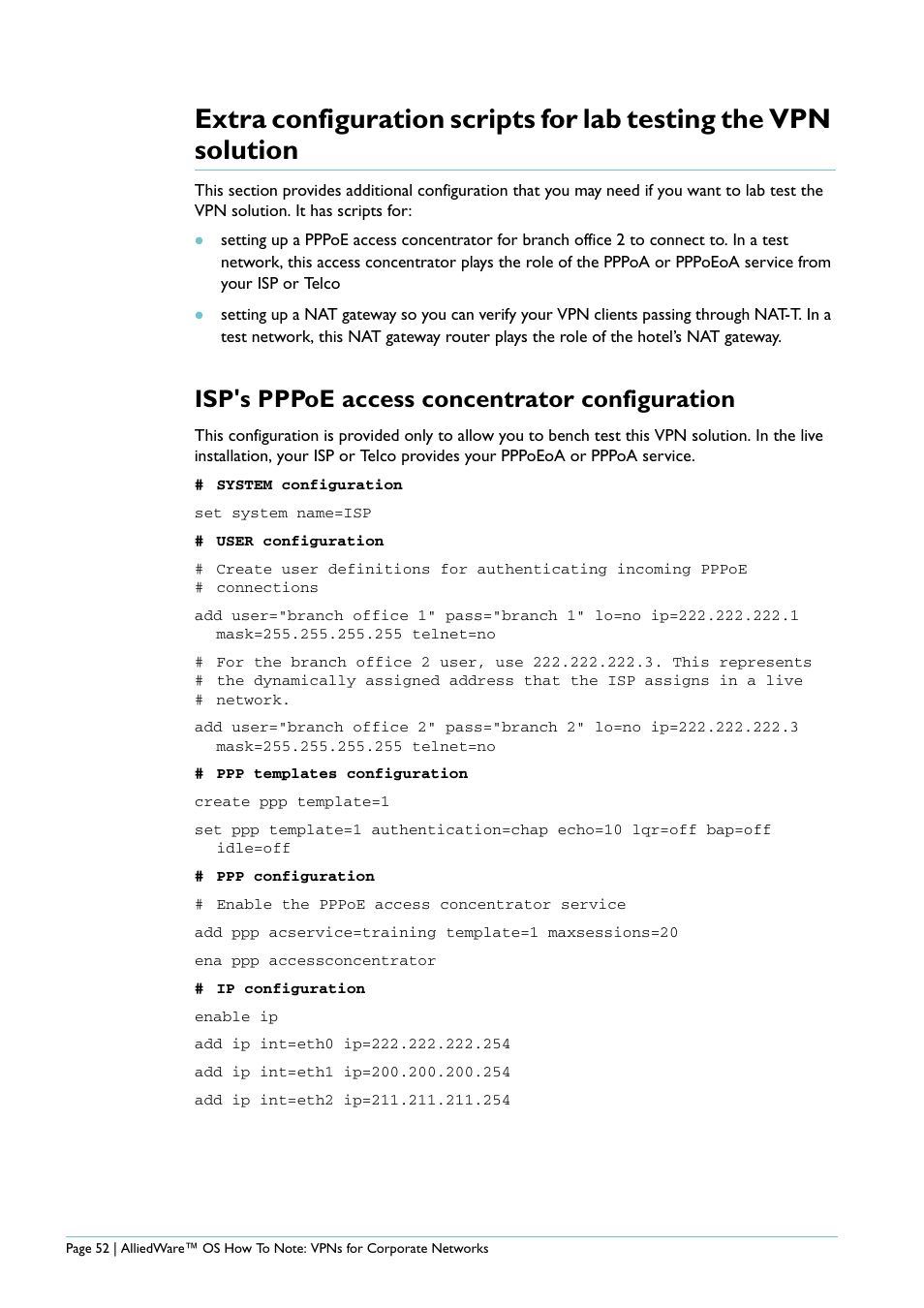 Isp's pppoe access concentrator configuration | Allied Telesis AlliedWare AR440S User Manual | Page 52 / 53