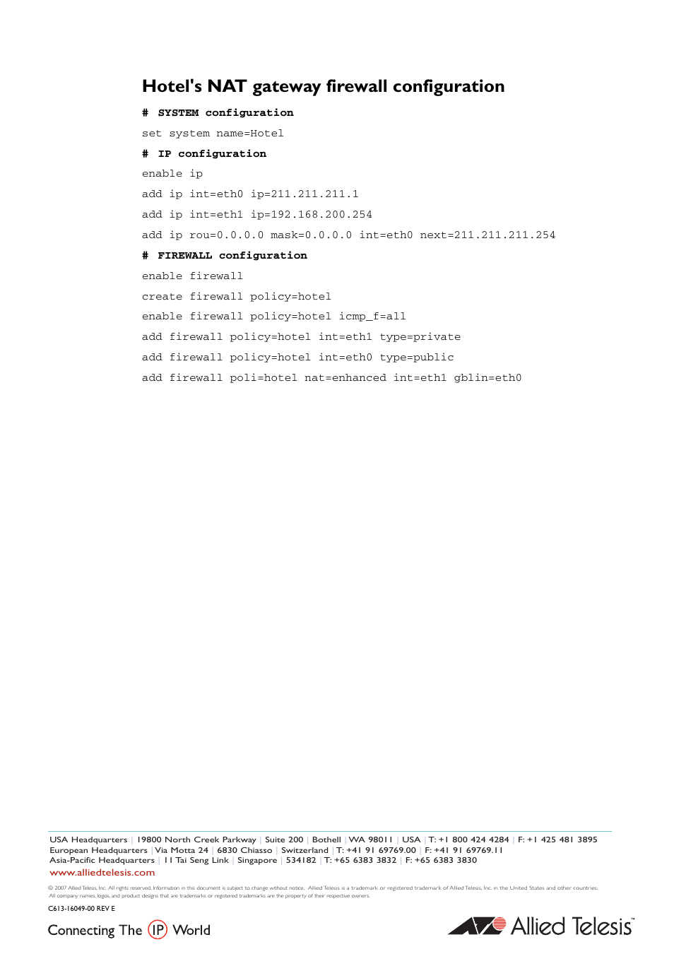Hotel's nat gateway firewall configuration | Allied Telesis AlliedWare AR440S User Manual | Page 53 / 53