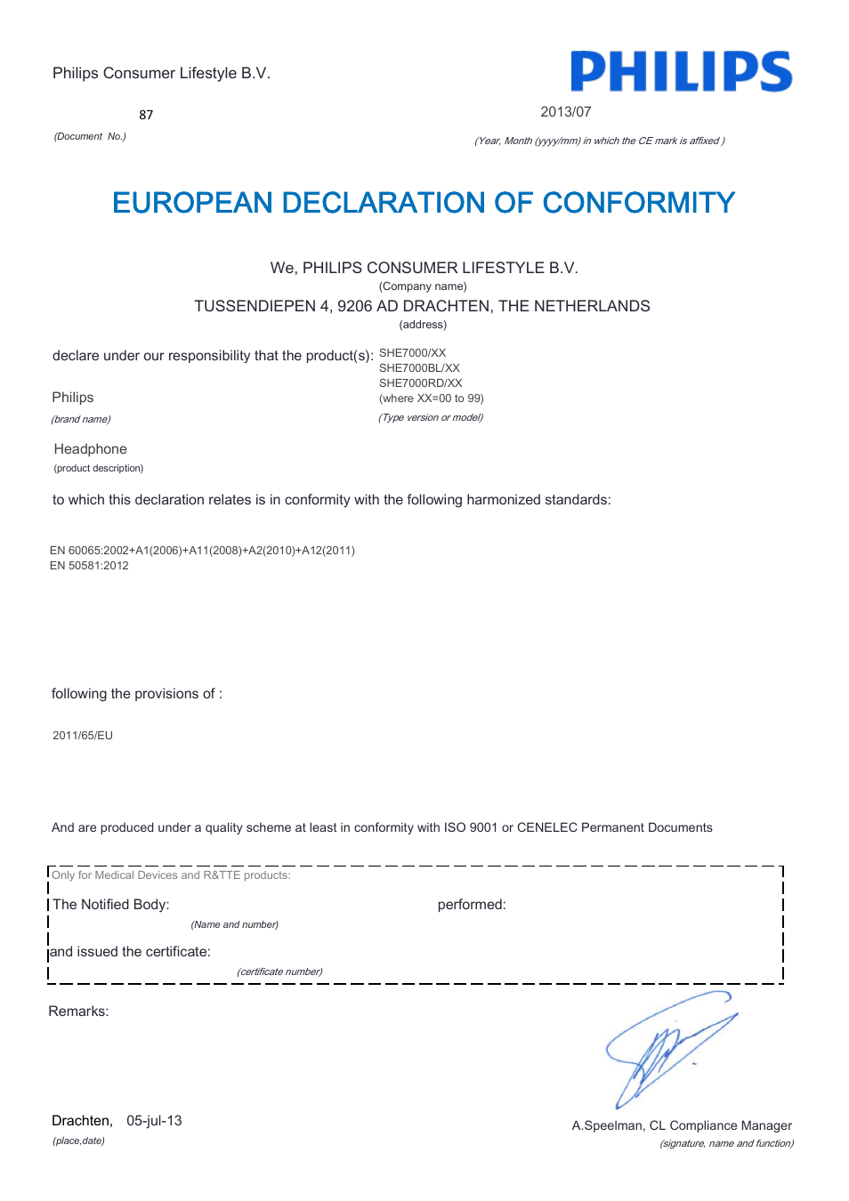 Philips SHE7000-10 User Manual | 21 pages