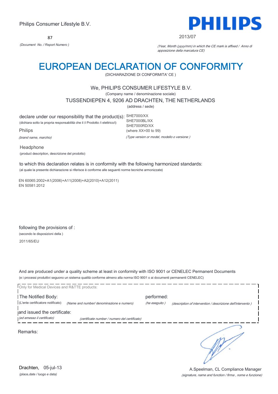European declaration of conformity | Philips SHE7000-10 User Manual | Page 10 / 21