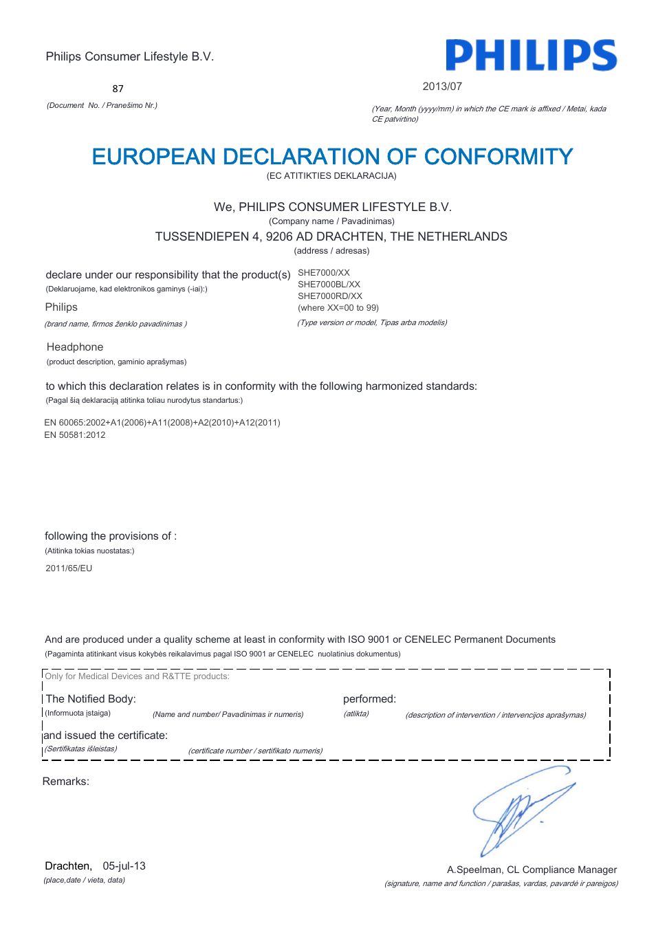 European declaration of conformity | Philips SHE7000-10 User Manual | Page 11 / 21