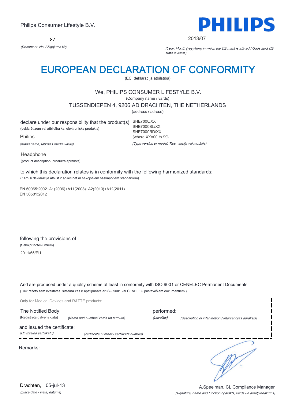 European declaration of conformity | Philips SHE7000-10 User Manual | Page 12 / 21