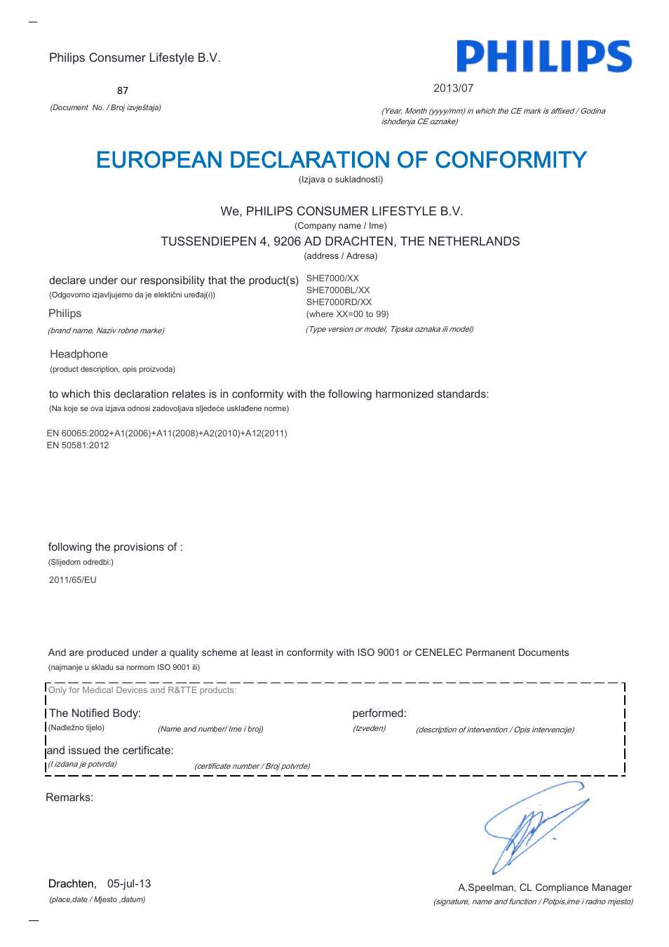 European declaration of conformity | Philips SHE7000-10 User Manual | Page 20 / 21