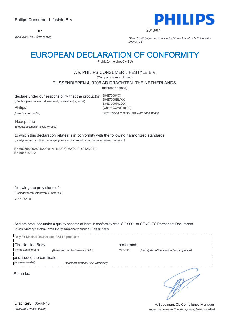 European declaration of conformity | Philips SHE7000-10 User Manual | Page 5 / 21