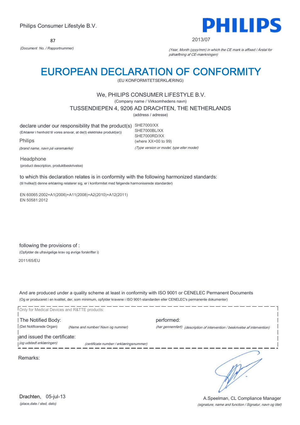 European declaration of conformity | Philips SHE7000-10 User Manual | Page 6 / 21