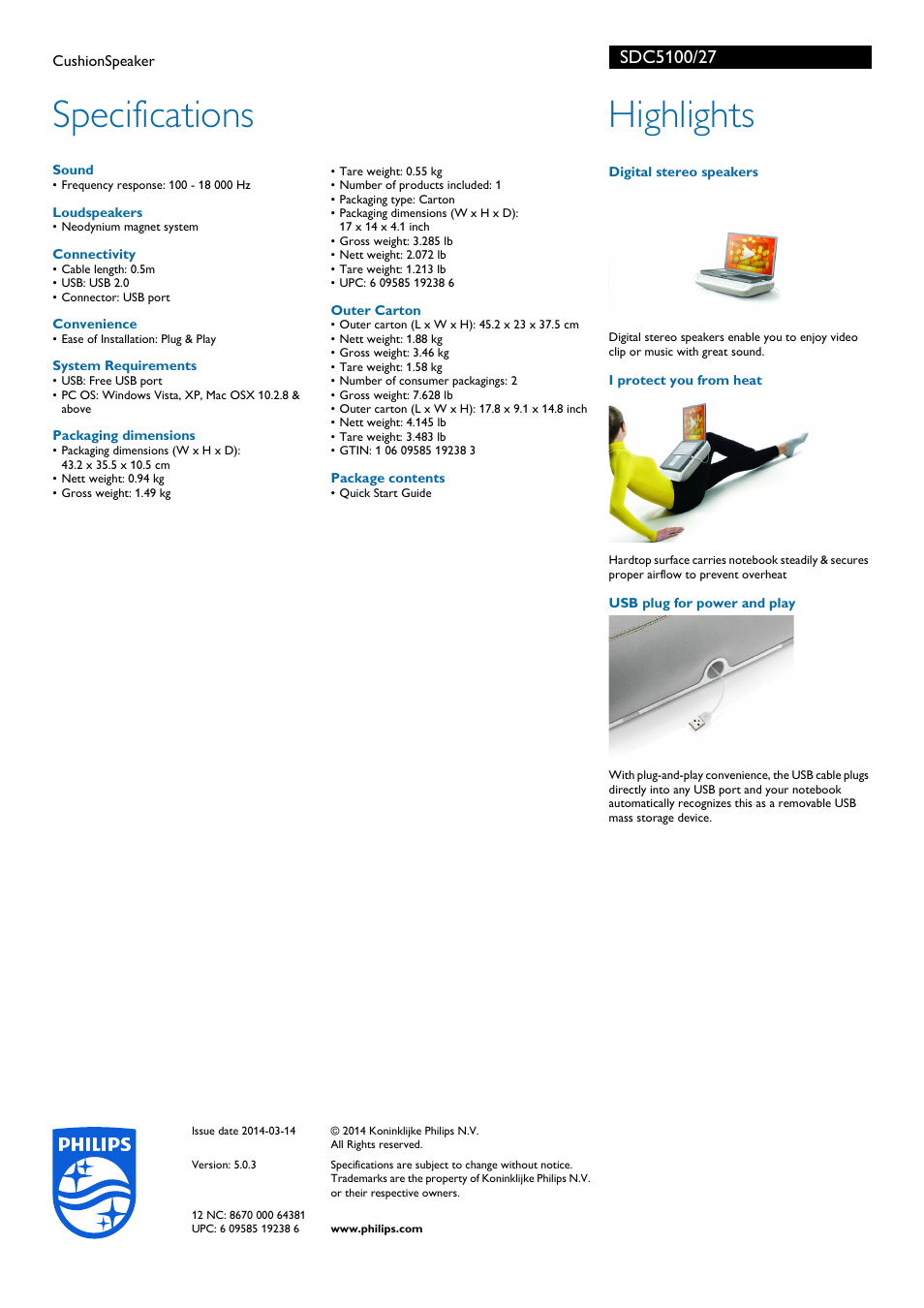 Specifications, Highlights | Philips SDC5100-27 User Manual | Page 2 / 2