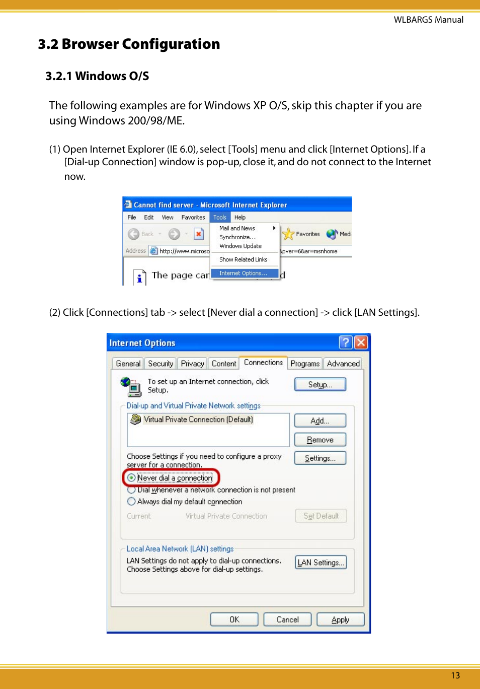 2 browser configuration, 1 windows o/s, 2 browser conﬁguration | Browser configuration | Allied Telesis CG-WLBARGS User Manual | Page 15 / 58