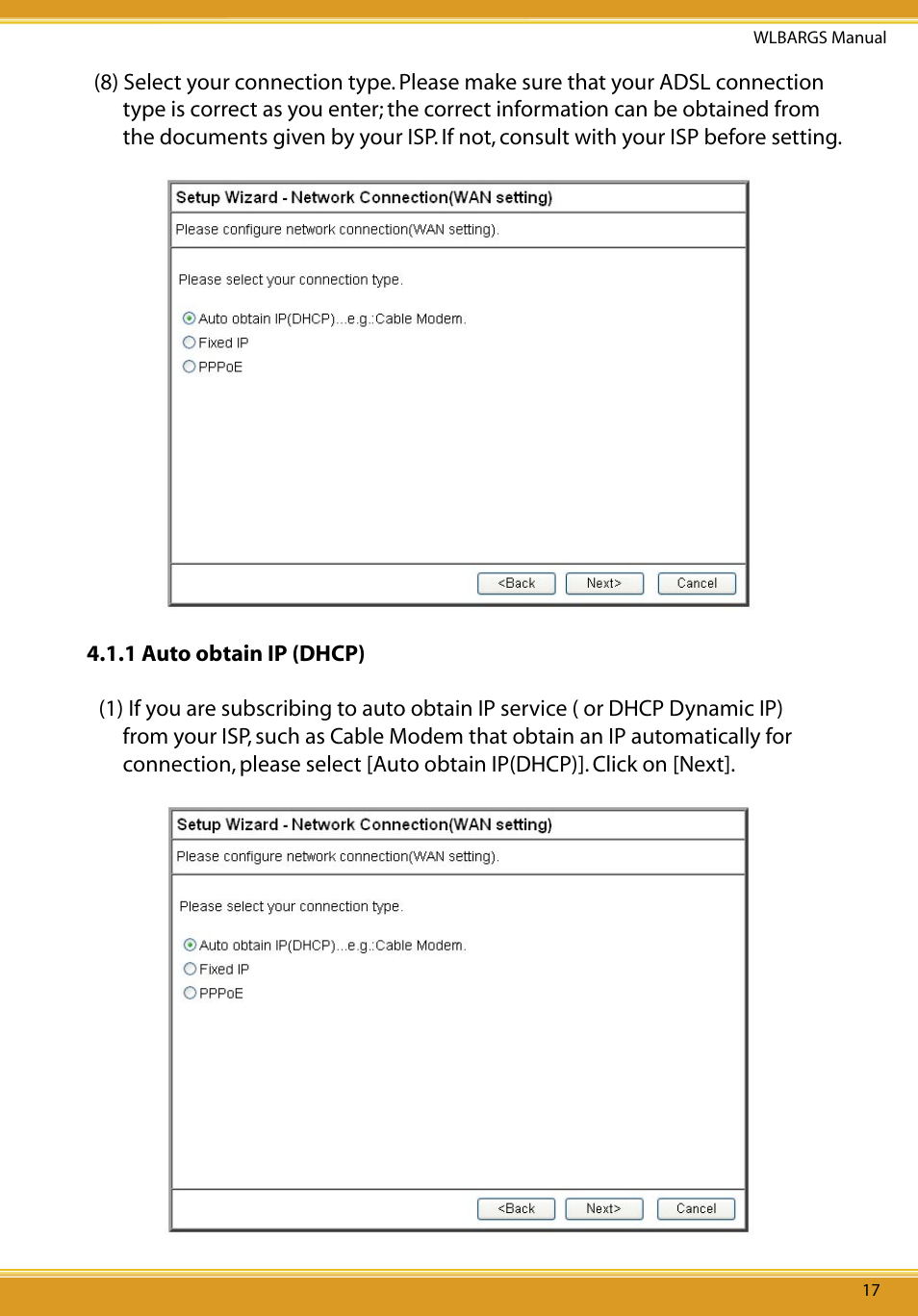 1 auto obtain ip (dhcp) | Allied Telesis CG-WLBARGS User Manual | Page 19 / 58