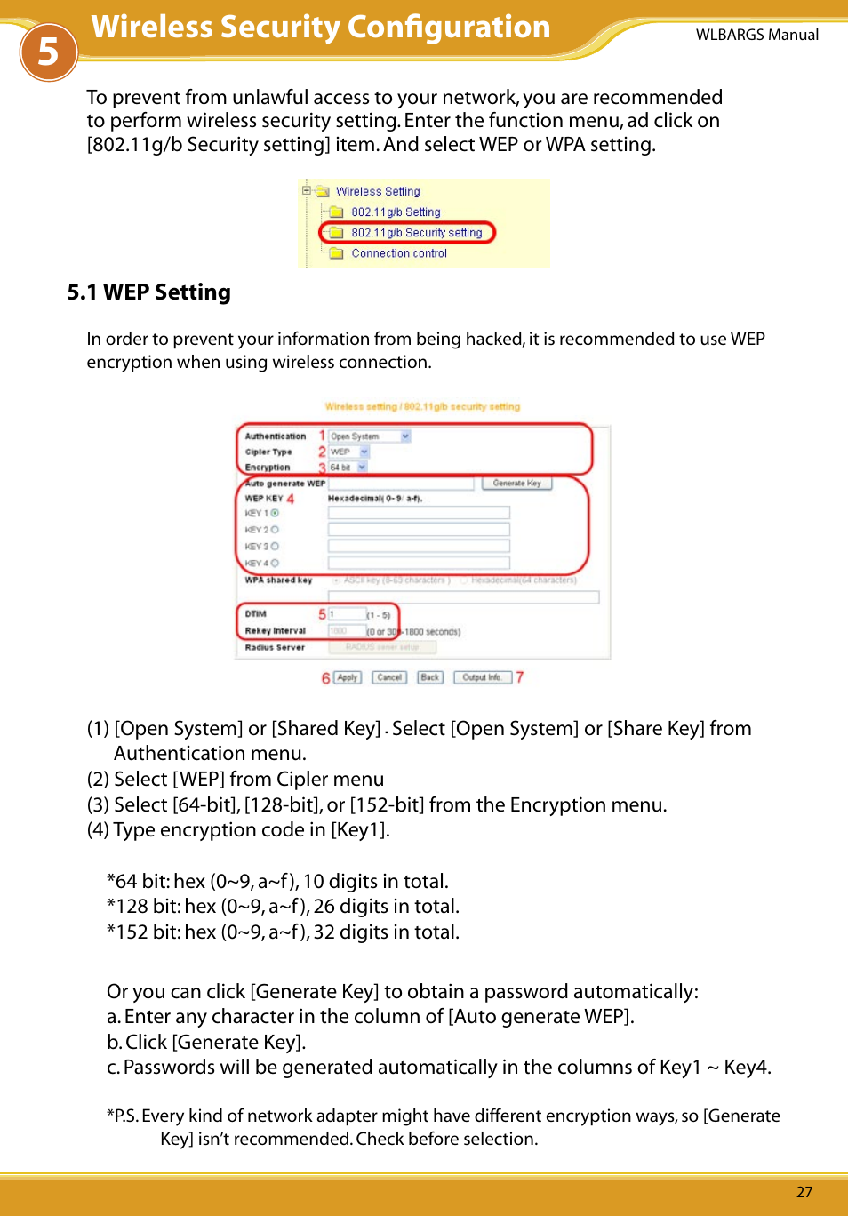 1 wep setting, Wireless security conﬁguration | Allied Telesis CG-WLBARGS User Manual | Page 29 / 58