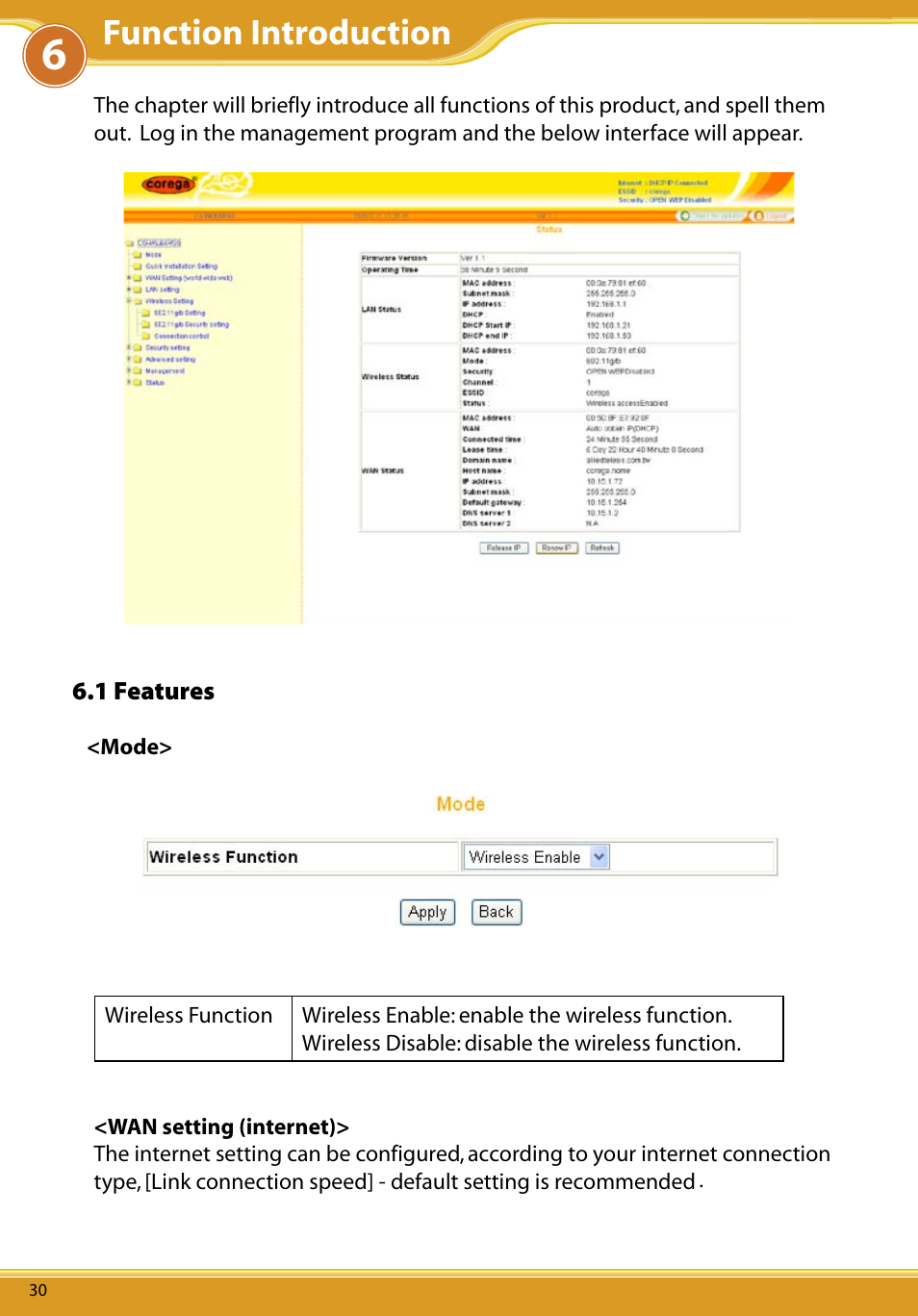 1 features, Mode, Wan setting (internet) | Function introduction | Allied Telesis CG-WLBARGS User Manual | Page 32 / 58