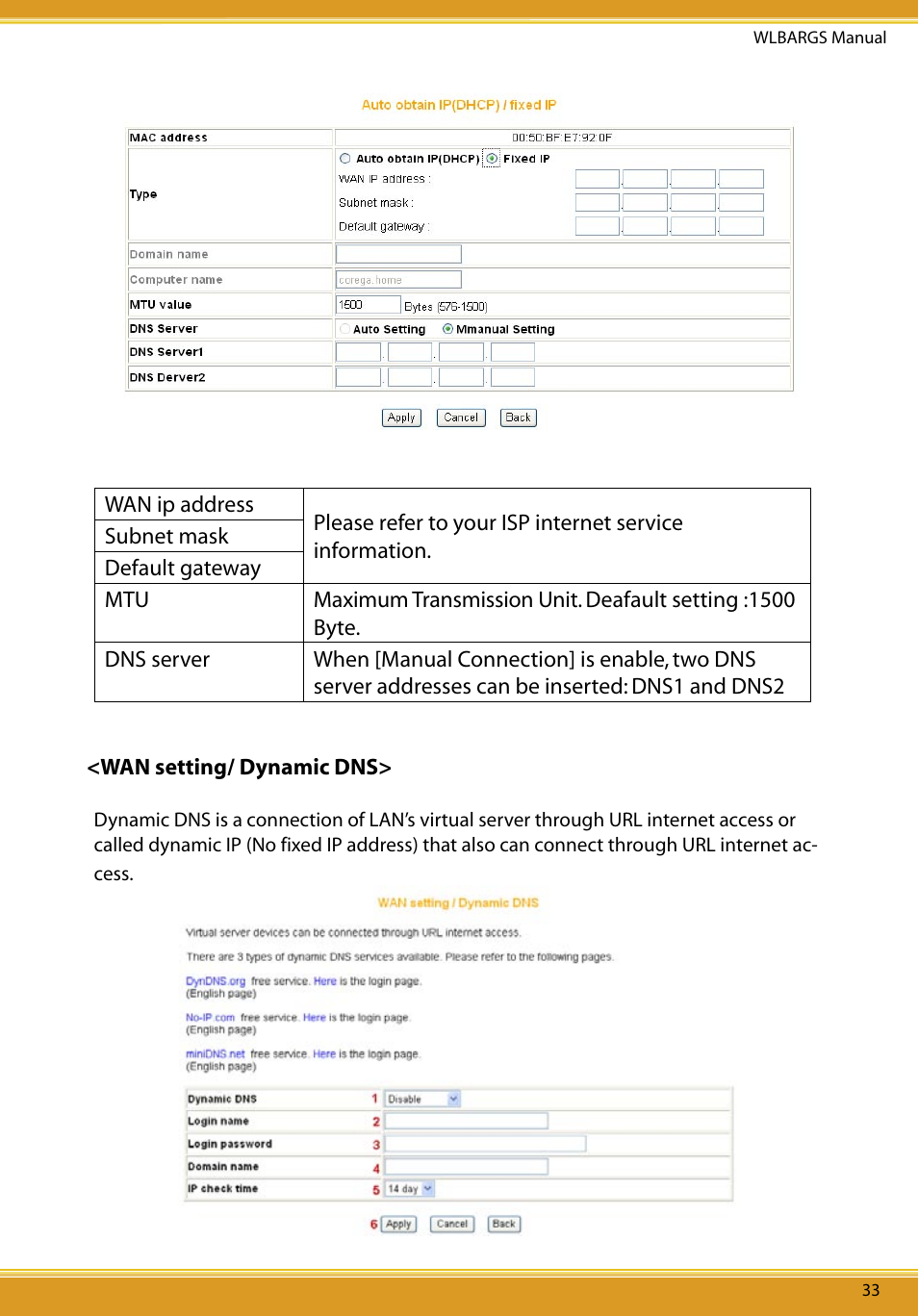 Wan setting/ dynamic dns | Allied Telesis CG-WLBARGS User Manual | Page 35 / 58