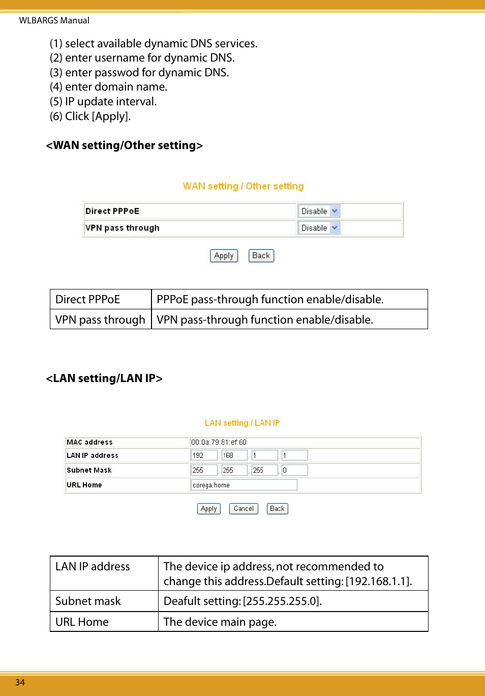 Wan setting/other setting, Lan setting/lan ip | Allied Telesis CG-WLBARGS User Manual | Page 36 / 58