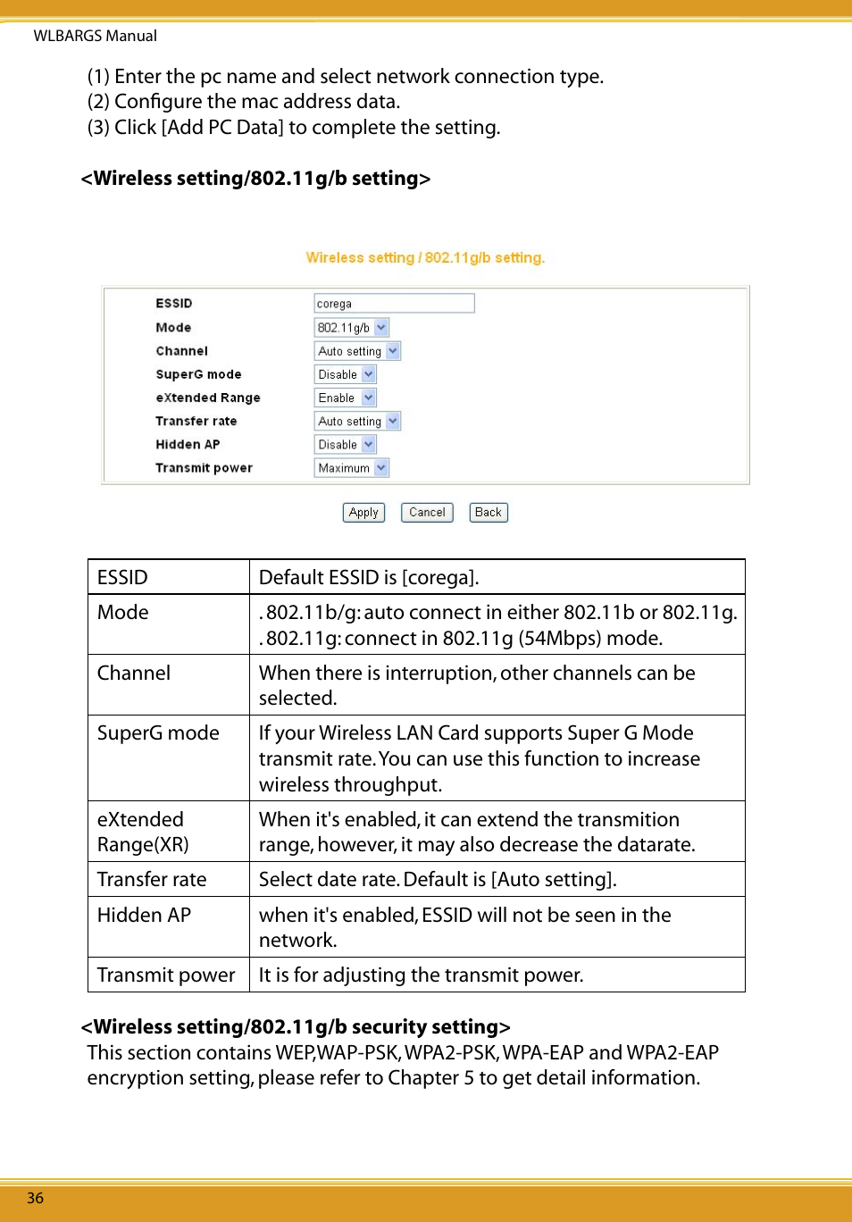 Wireless setting/802.11g/b setting, Wireless setting/802.11g/b security setting | Allied Telesis CG-WLBARGS User Manual | Page 38 / 58