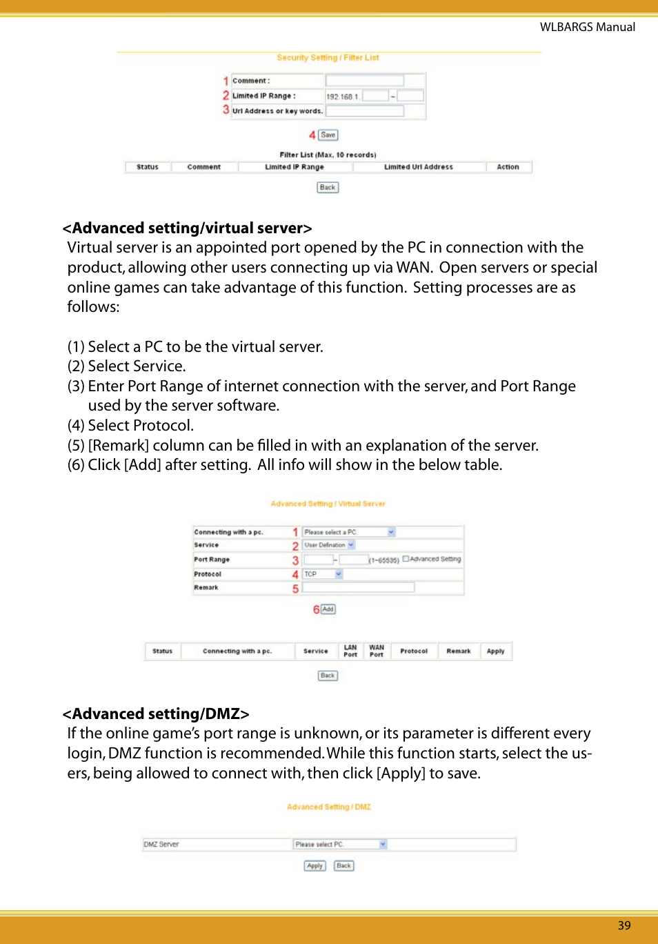 Advanced setting/virtual server, Advanced setting/dmz | Allied Telesis CG-WLBARGS User Manual | Page 41 / 58