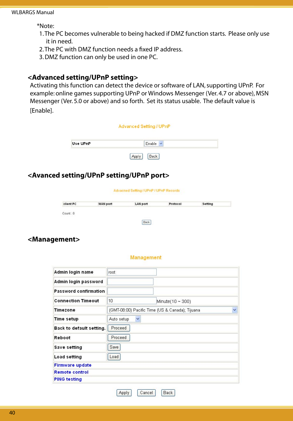 Advanced setting/upnp setting, Avanced setting/upnp setting/upnp port, Management | Allied Telesis CG-WLBARGS User Manual | Page 42 / 58