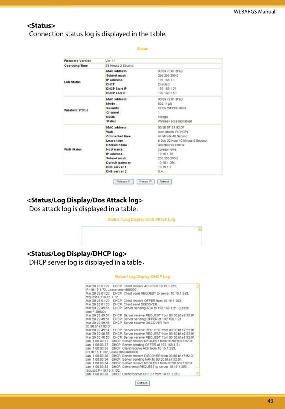 Status, Status/log display/dos attack log, Status/log display/dhcp log | Allied Telesis CG-WLBARGS User Manual | Page 45 / 58