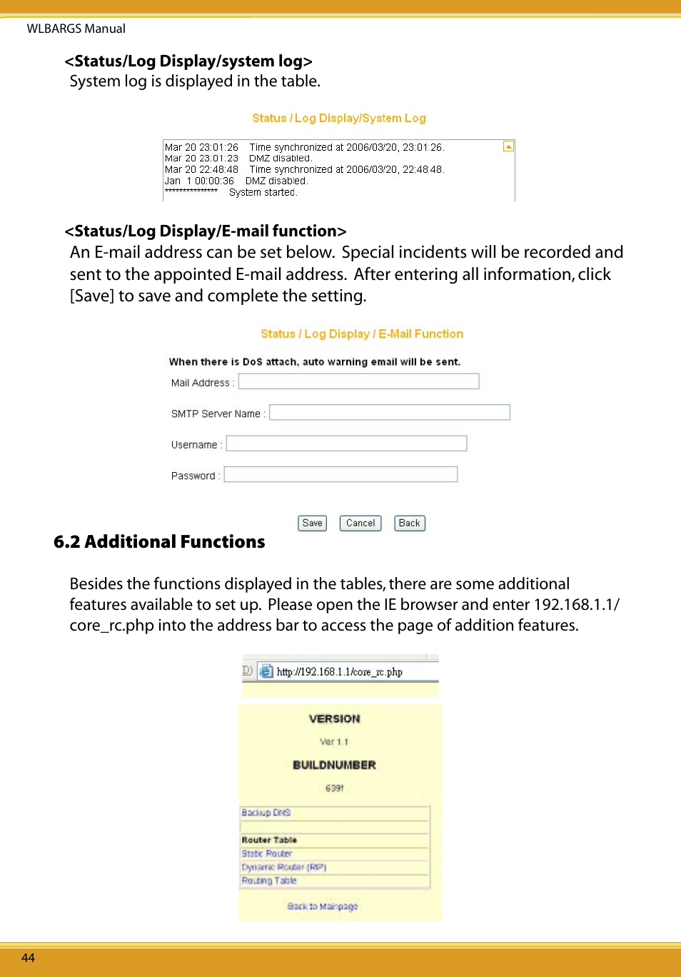 Status/log display/system log, Status/log display/e-mail function, 2 additional functions | Allied Telesis CG-WLBARGS User Manual | Page 46 / 58