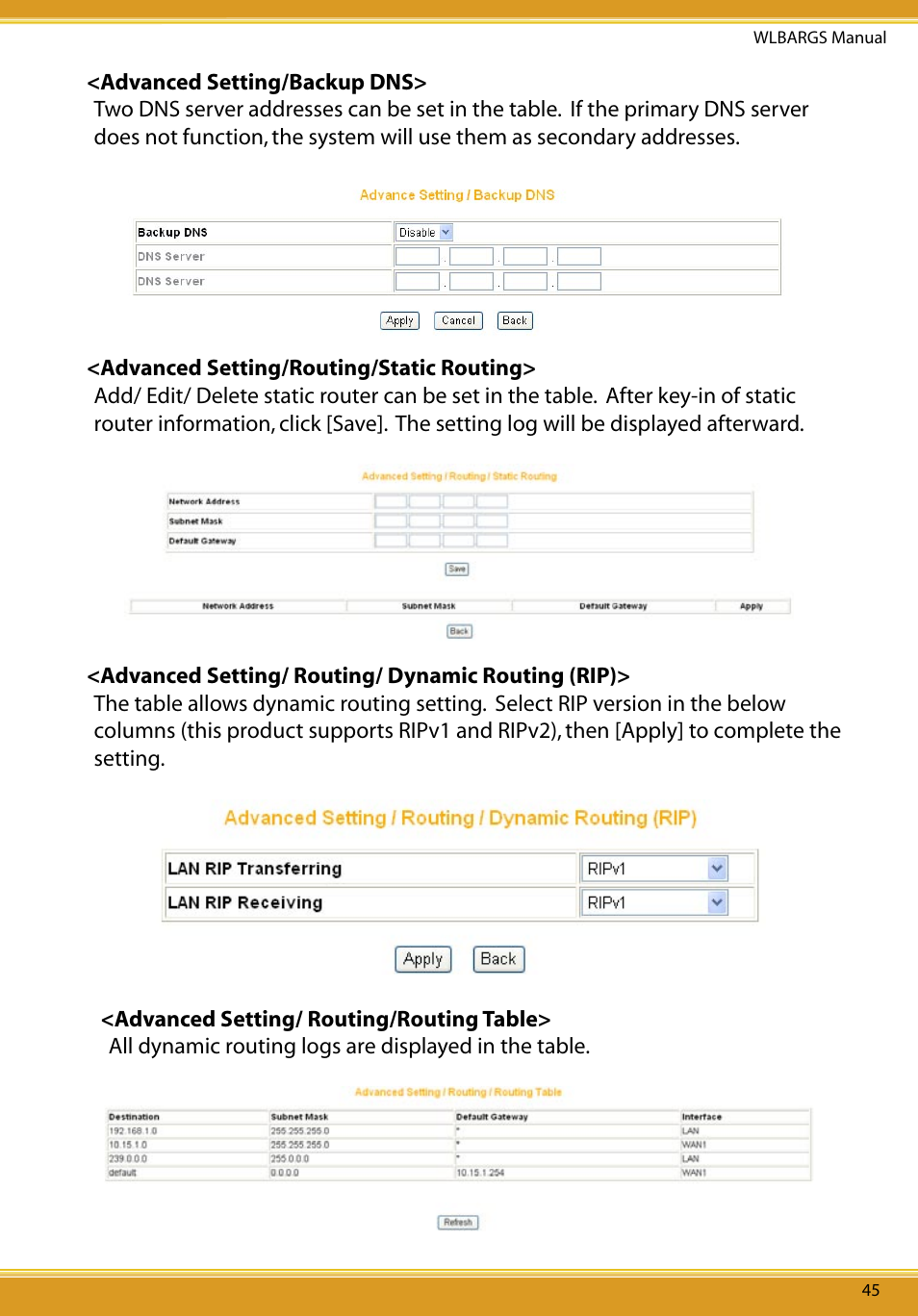 Advanced setting/backup dns, Advanced setting/routing/static routing, Advanced setting/ routing/ dynamic routing (rip) | Advanced setting/ routing/routing table | Allied Telesis CG-WLBARGS User Manual | Page 47 / 58