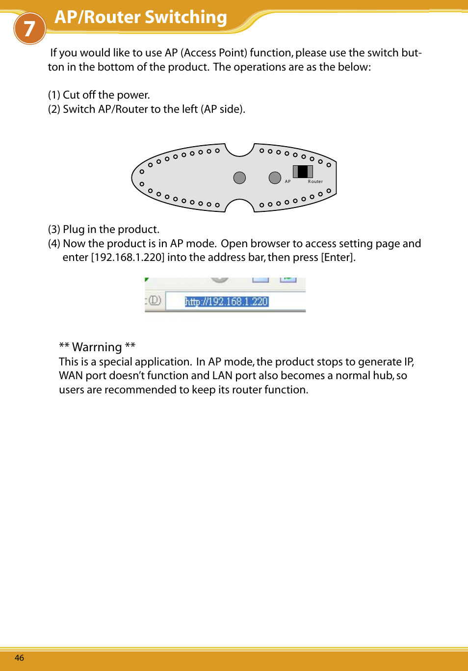 Ap/router switching, Warrning | Allied Telesis CG-WLBARGS User Manual | Page 48 / 58