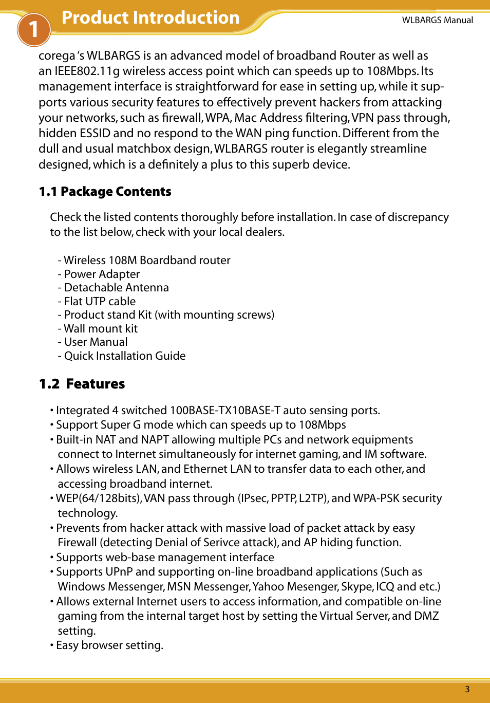 1 package contents, 2 features, Product introduction | Allied Telesis CG-WLBARGS User Manual | Page 5 / 58