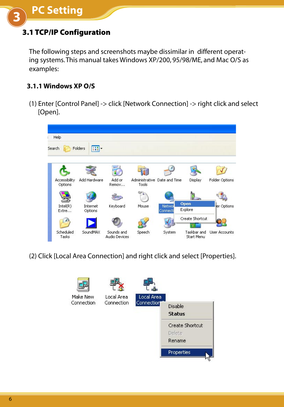 1 tcp/ip configuration, 1 windows xp o/s, 1 tcp/ip conﬁguration | Pc setting | Allied Telesis CG-WLBARGS User Manual | Page 8 / 58