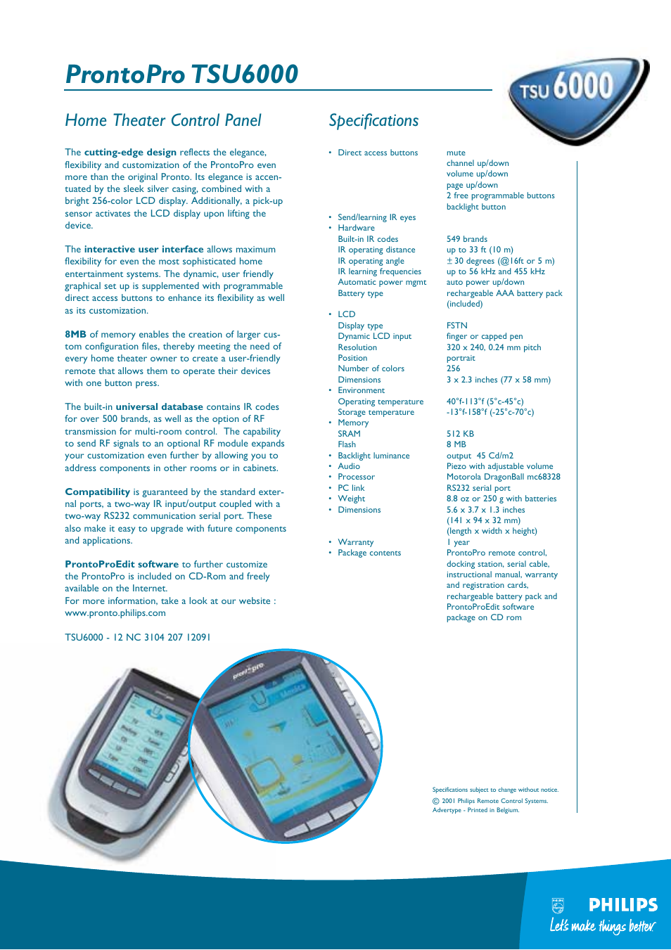 Prontopro tsu6000, Specifications, Home theater control panel | Philips TSU600099 User Manual | Page 2 / 2