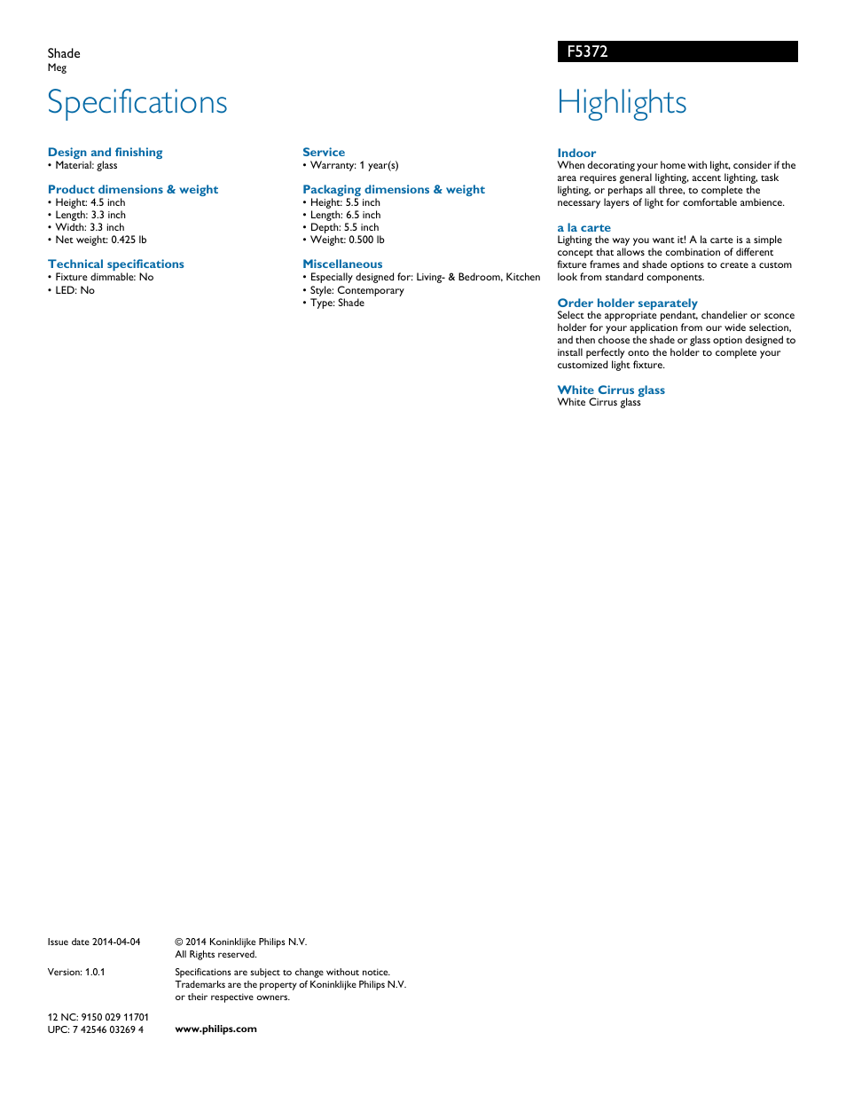 Specifications, Highlights, F5372 | Philips F5372 User Manual | Page 2 / 2