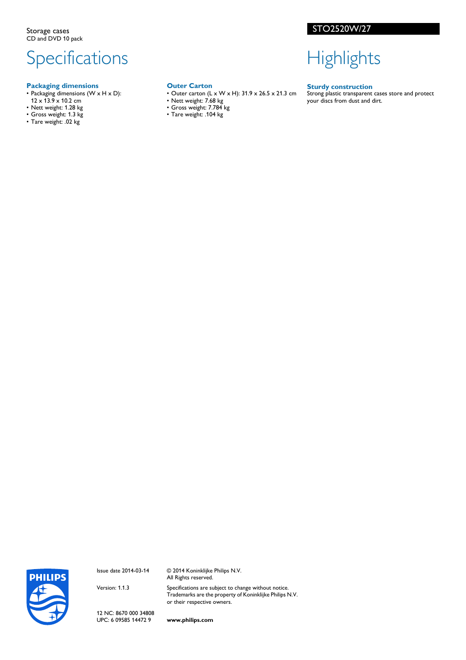 Specifications, Highlights | Philips STO2520W-27 User Manual | Page 2 / 2