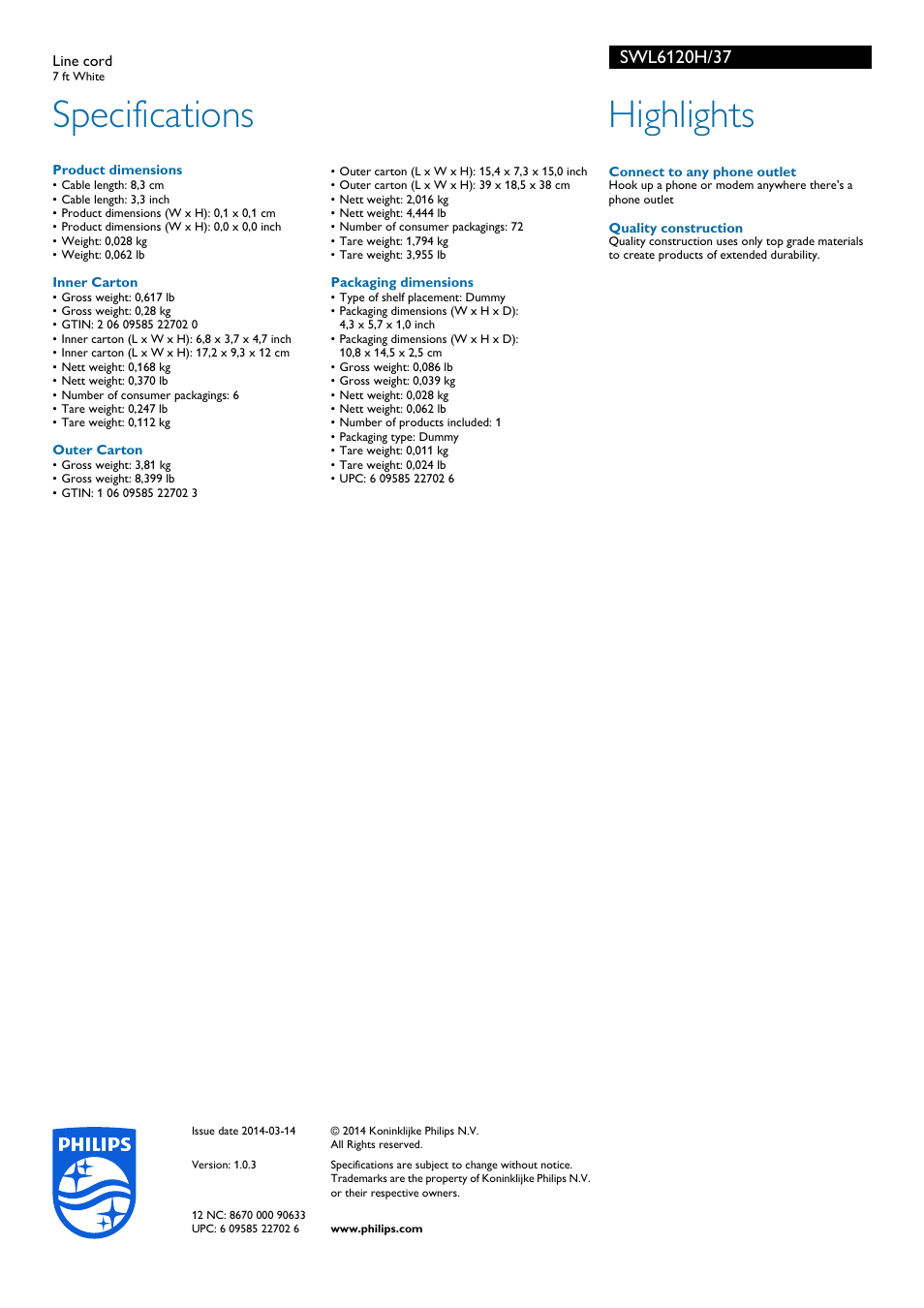 Specifications, Highlights | Philips SWL6120H-37 User Manual | Page 2 / 2