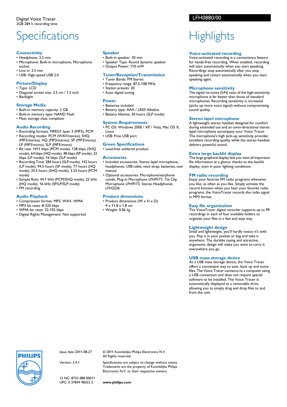 Specifications, Highlights | Philips Digital Voice Tracer LFH0880 2GB 284 h recording time User Manual | Page 2 / 2