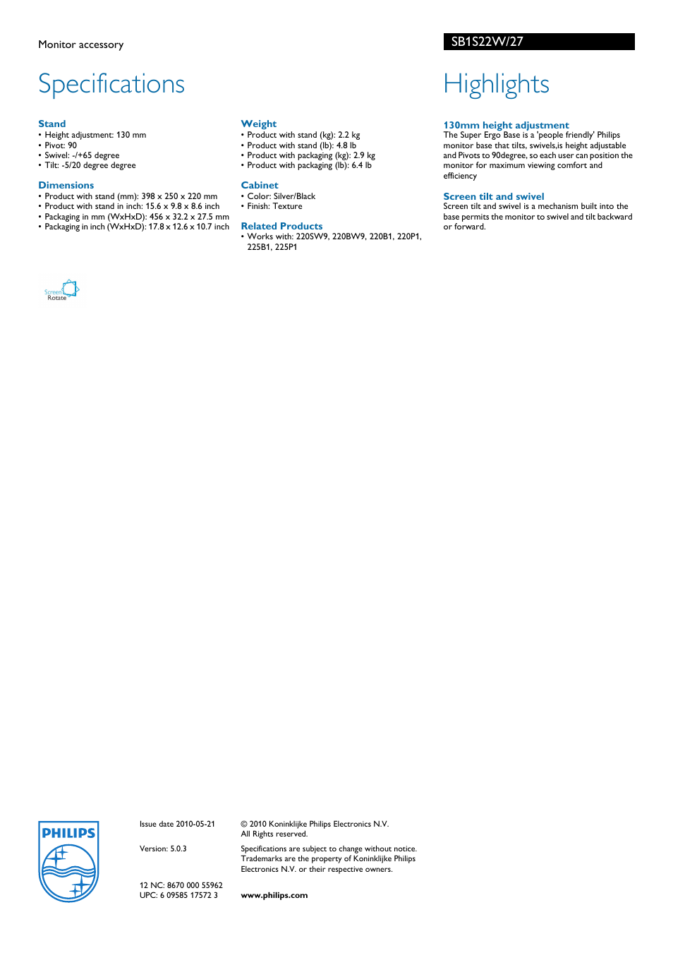 Specifications, Highlights | Philips SB1S22W-27 User Manual | Page 2 / 2