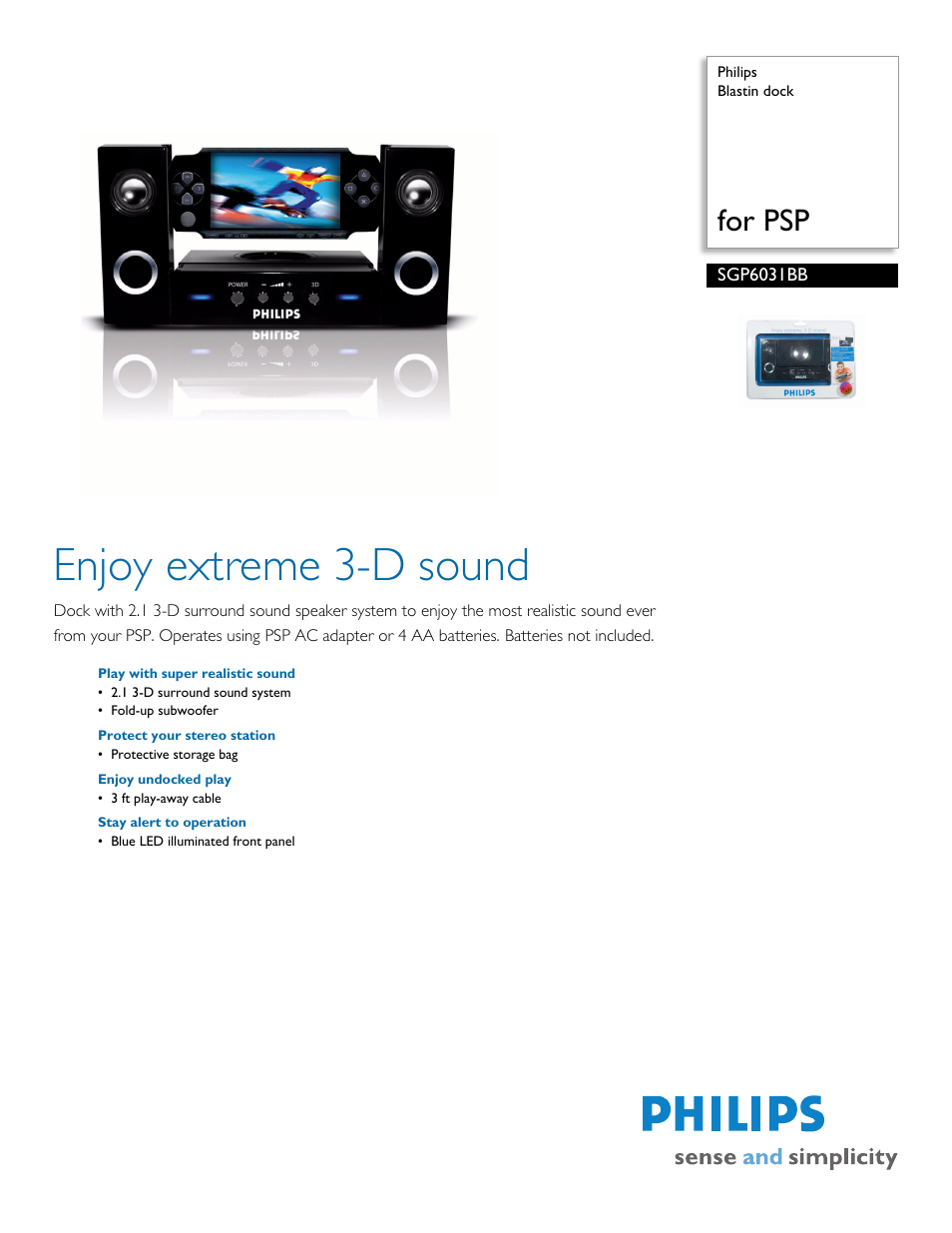 Philips Blastin dock SGP6031BB for PSP User Manual | 2 pages