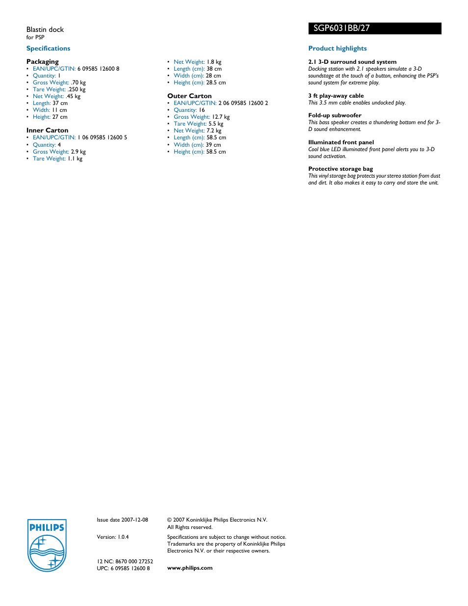 Philips Blastin dock SGP6031BB for PSP User Manual | Page 2 / 2