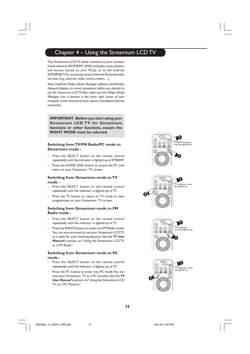 Chapter 4 – using the streamium lcd tv | Philips 23PF9976I-37 User Manual | Page 15 / 64