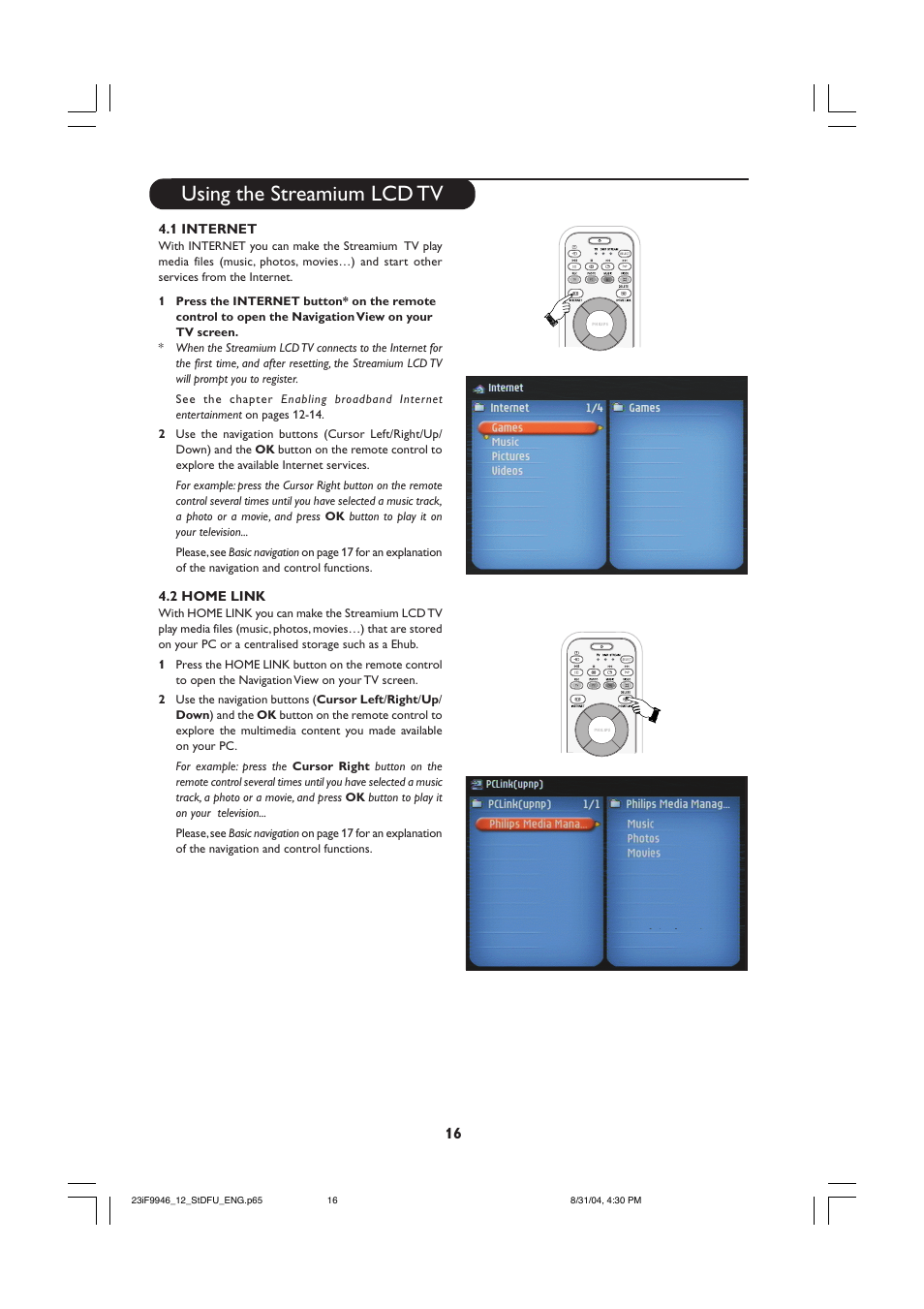 Using the streamium lcd tv | Philips 23PF9976I-37 User Manual | Page 16 / 64