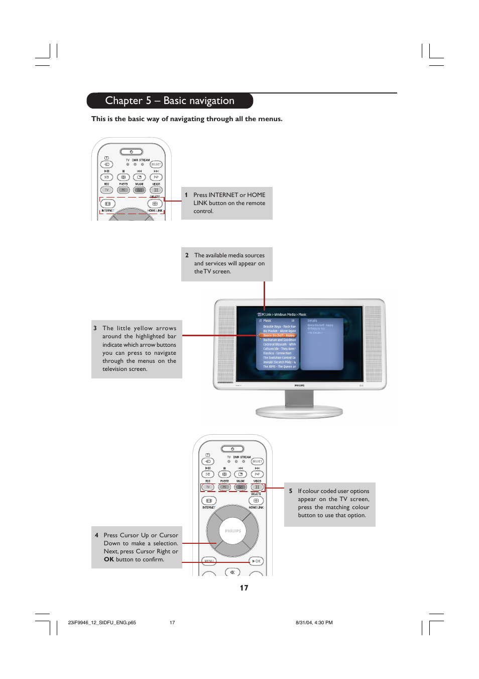Chapter 5 – basic navigation | Philips 23PF9976I-37 User Manual | Page 17 / 64