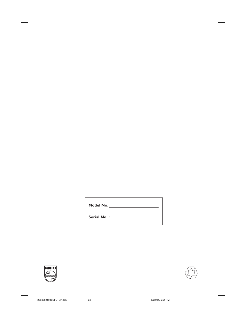 Model no. : serial no | Philips 23PF9976I-37 User Manual | Page 24 / 64