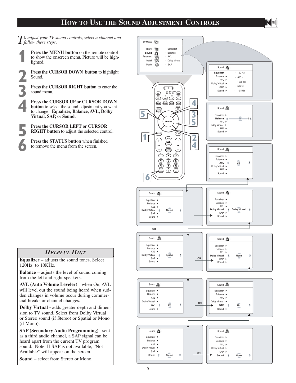 Ow to, Se the, Ound | Djustment, Ontrols, Elpful, Press the cursor down button to highlight sound | Philips 23PF9976I-37 User Manual | Page 33 / 64