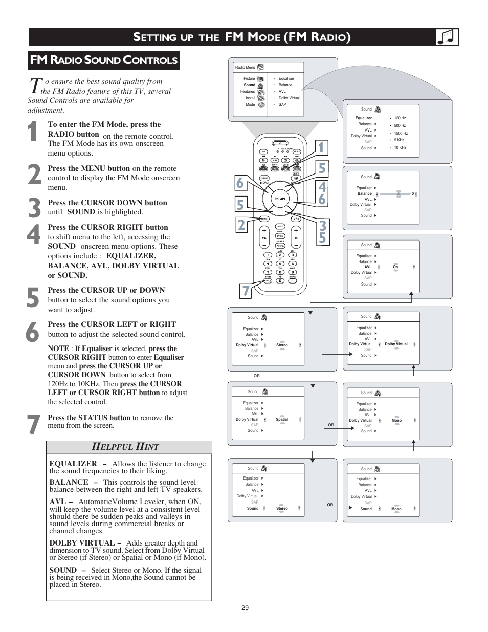 Fm m, Fm r, Etting up the | Adio, Ound, Ontrols, Elpful | Philips 23PF9976I-37 User Manual | Page 53 / 64