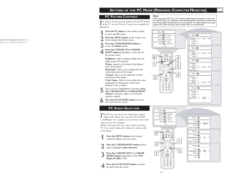 Pc m, Pc p, Pc a | Etting up the, Ersonal, Omputer, Onitor, Icture, Ontrols, Udio | Philips 23PF9976I-37 User Manual | Page 55 / 64