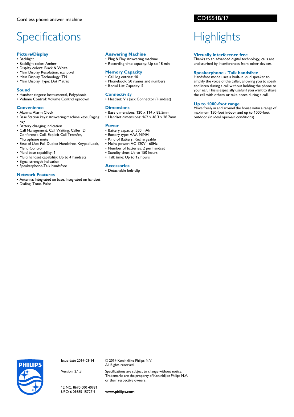Specifications, Highlights | Philips CD1551B-17 User Manual | Page 2 / 2