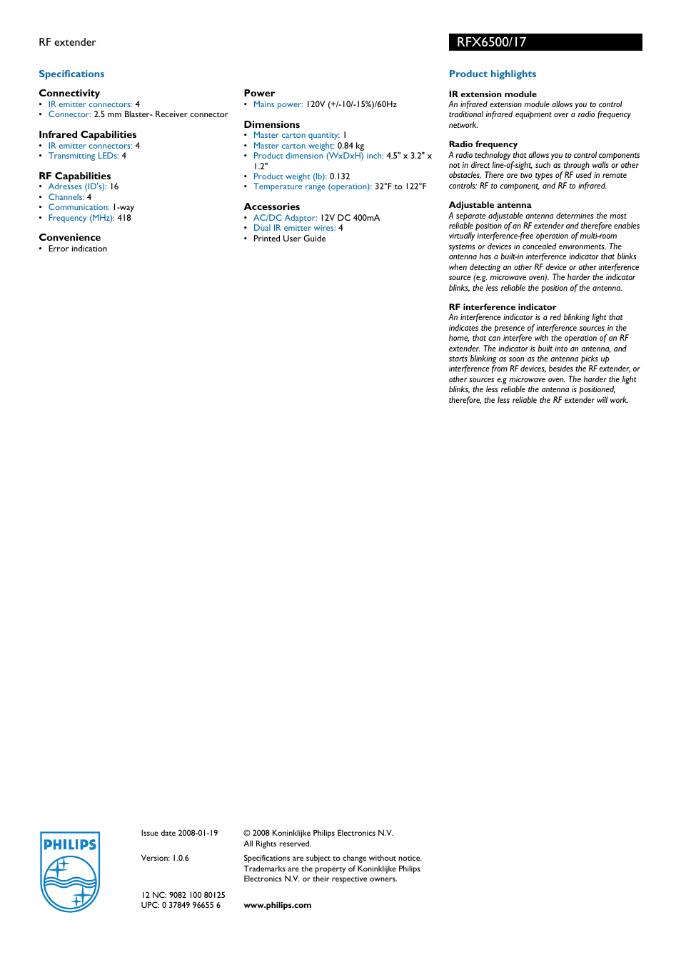 Philips RFX6500-17 User Manual | Page 2 / 2