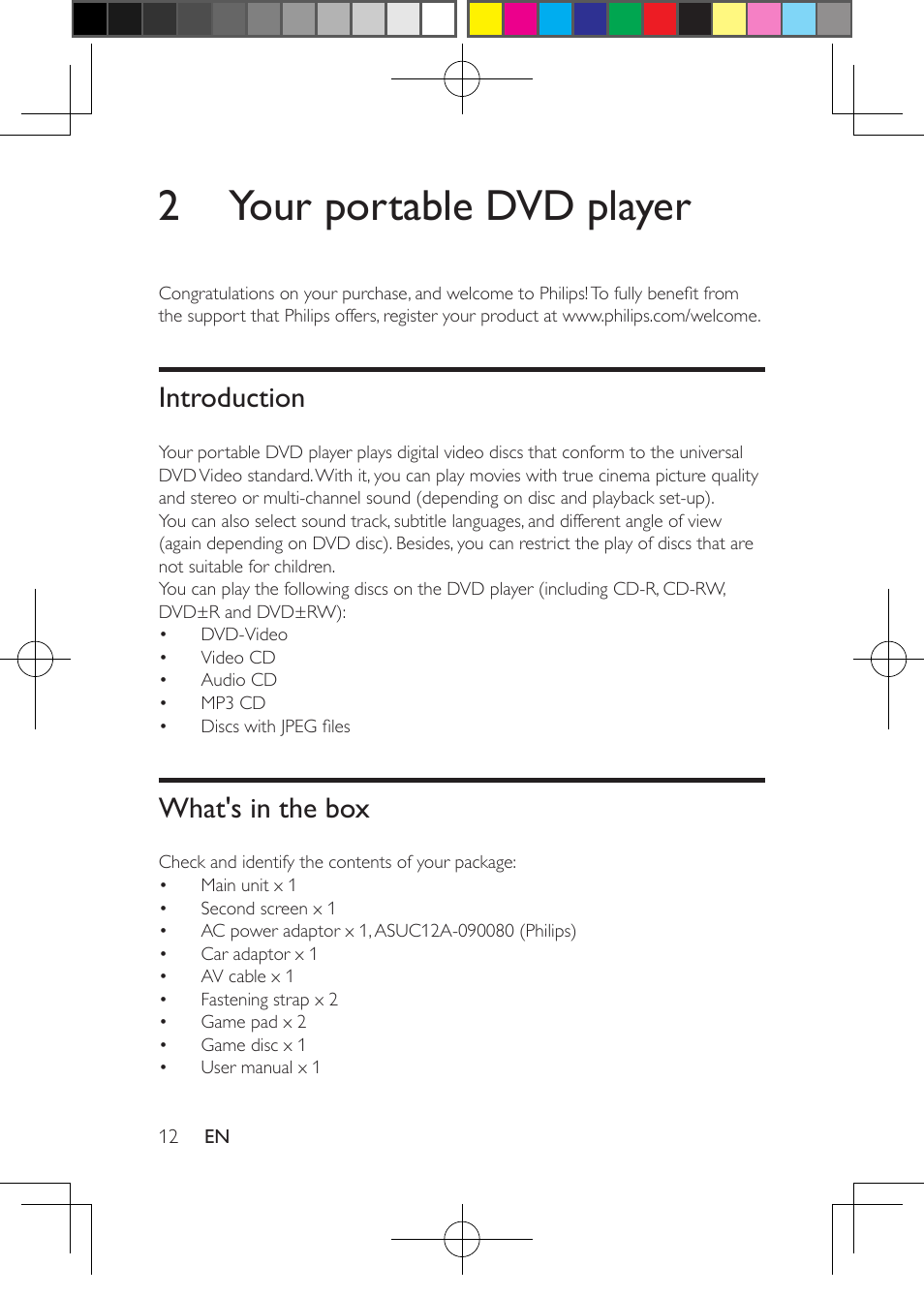 2 your portable dvd player, Introduction, What's in the box | Philips PD7012G-37 User Manual | Page 12 / 27