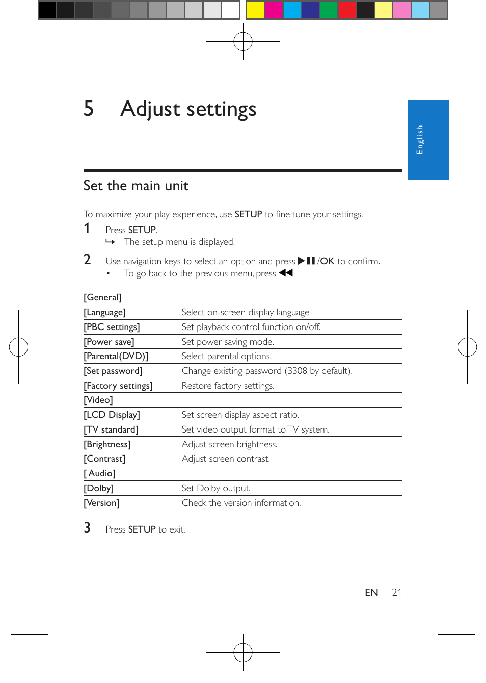 5 adjust settings, Set the main unit | Philips PD7012G-37 User Manual | Page 21 / 27