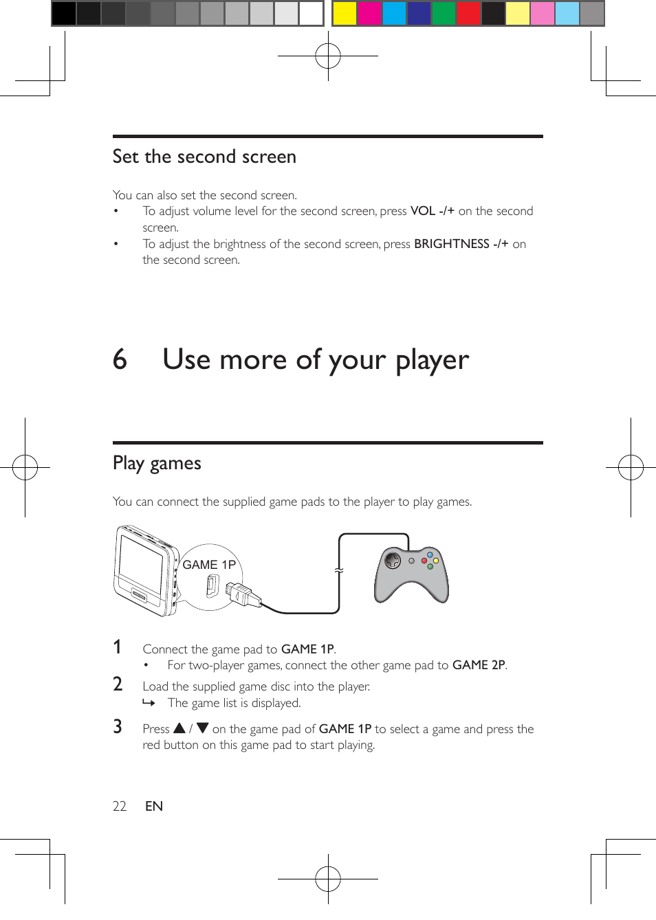 Set the second screen, 6 use more of your player, Play games | Philips PD7012G-37 User Manual | Page 22 / 27