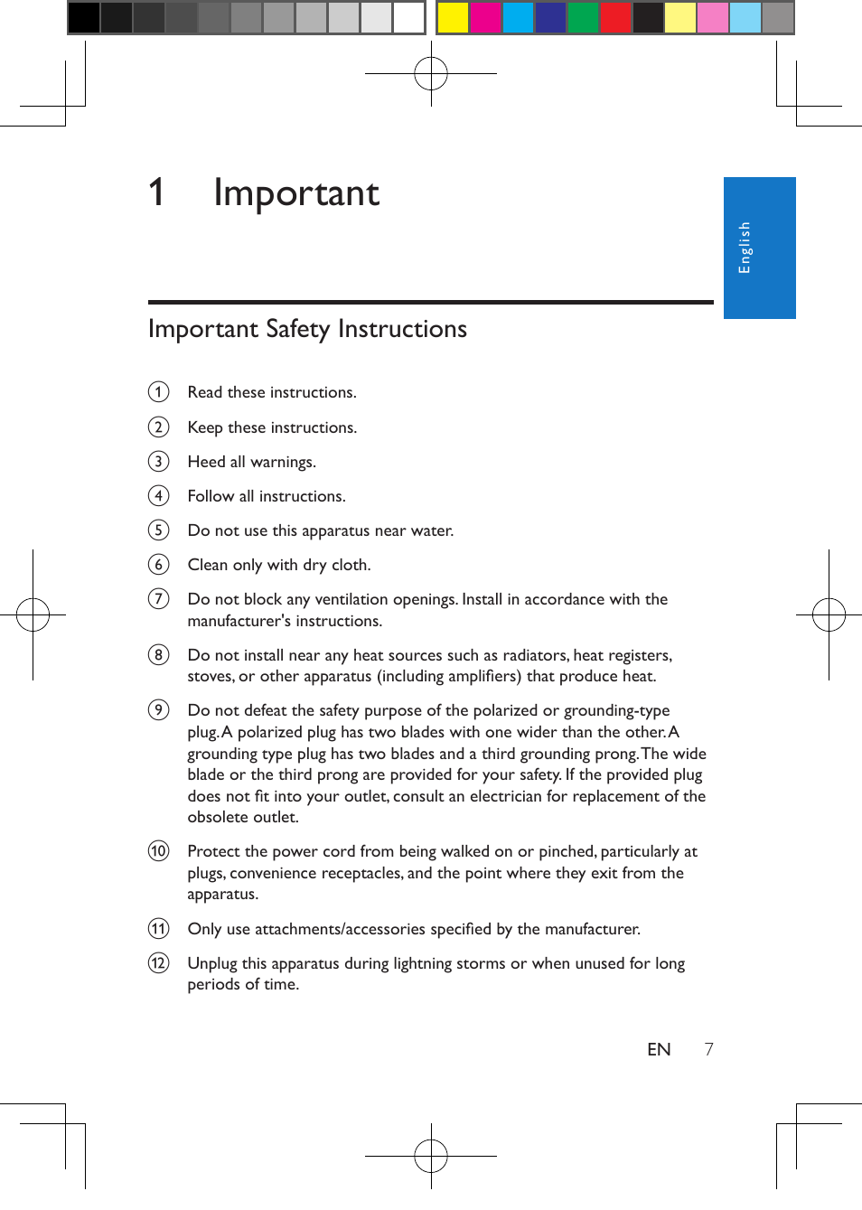 1 important, Important safety instructions | Philips PD7012G-37 User Manual | Page 7 / 27