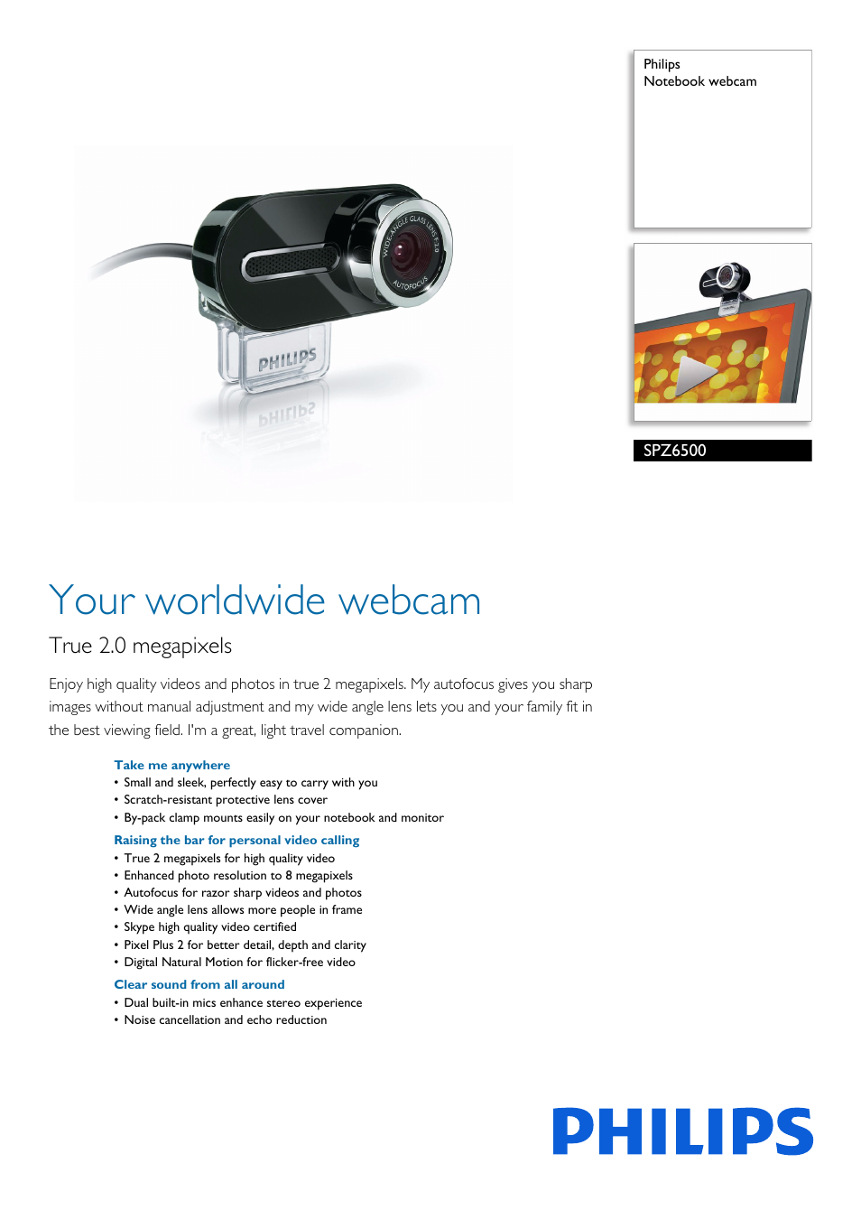 Philips Notebook webcam SPZ6500 User Manual | 2 pages