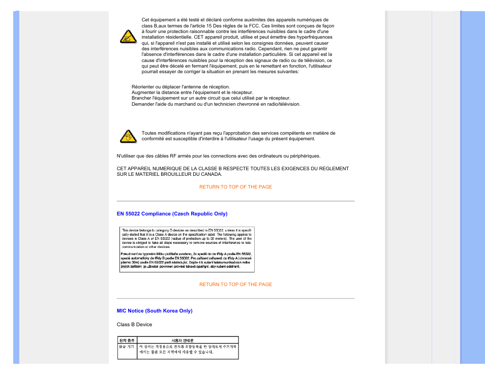 En 55022 compliance (czech republic only), Mic notice (south korea only) | Philips 190C1SB-00 User Manual | Page 19 / 115