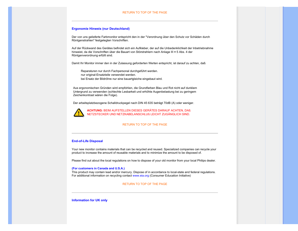 Ergonomie hinweis (nur deutschland), Philips end-of-life disposal, Information for uk only | Philips 190C1SB-00 User Manual | Page 22 / 115